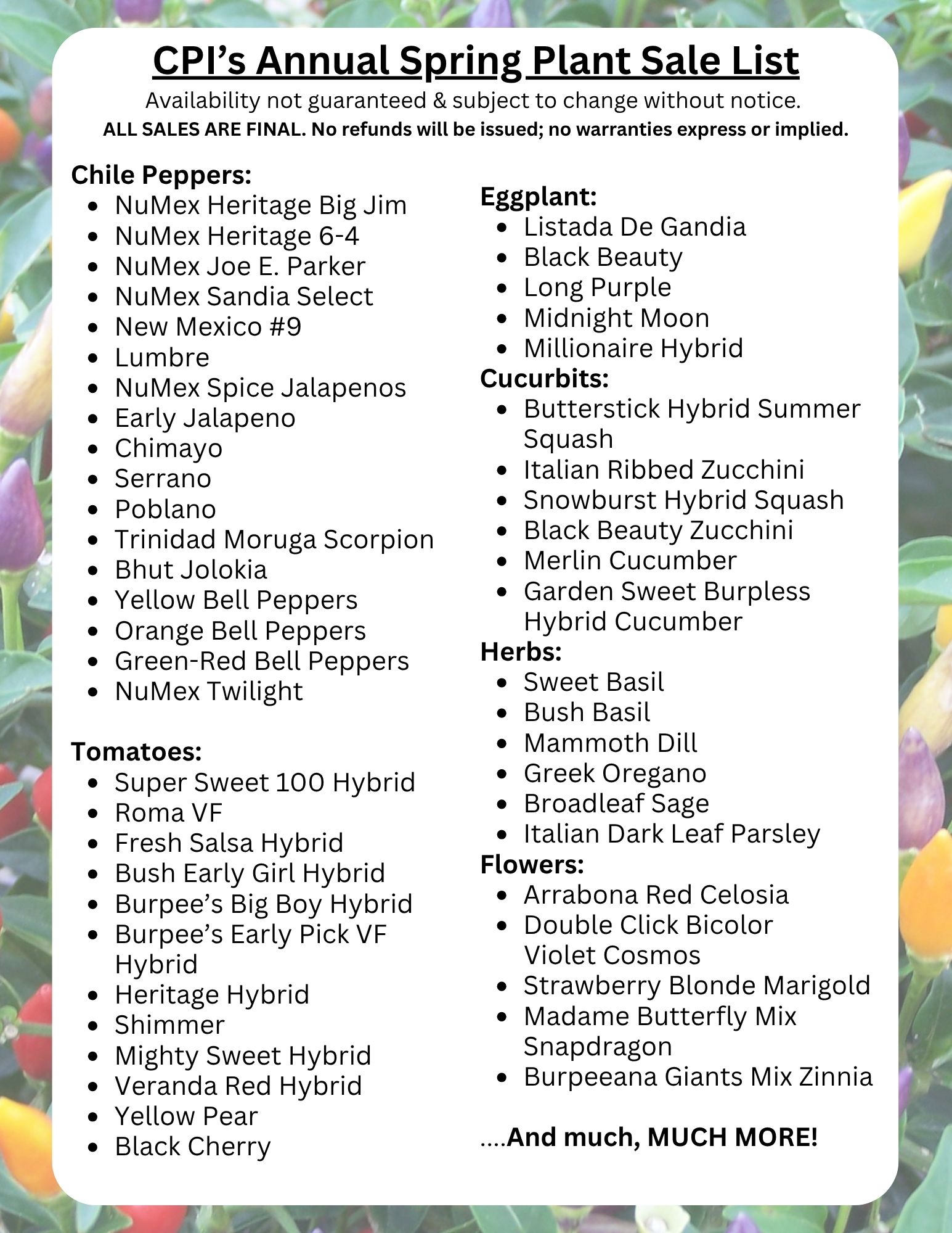 List of plant varieties offered for sale at this year's plant sale